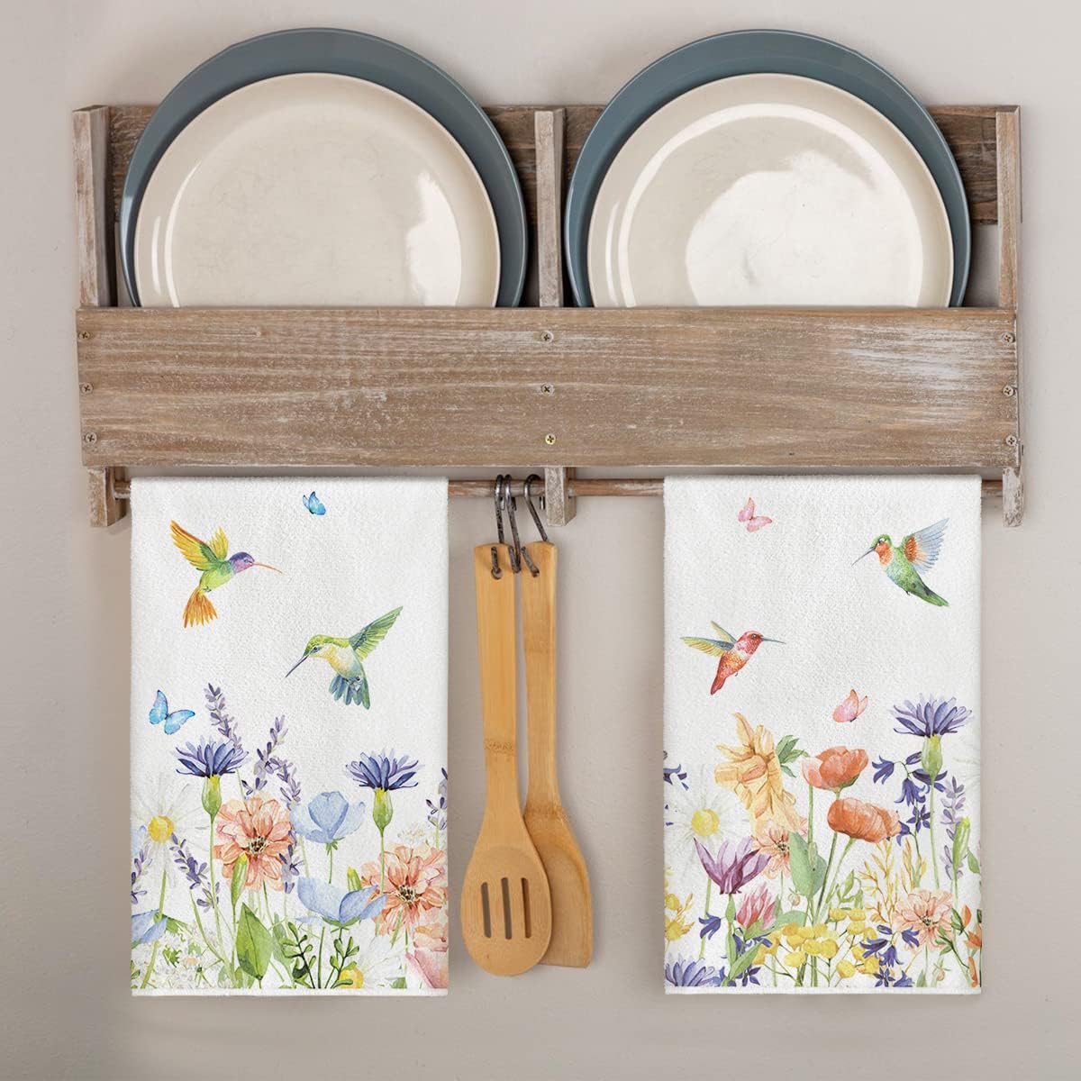 Anemone Flower Hummingbird Kitchen Towels Dish Towels, 18x26 Inch Seasonal Spring Summer Wild Floral Holiday Decoration Hand Towels Set of 2