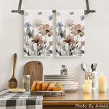 Brown Poppy Floral Leaves Spring Kitchen Towels Dish Towels, 18x26 Inch Seasonal Summer Decoration Hand Towels Set of 2