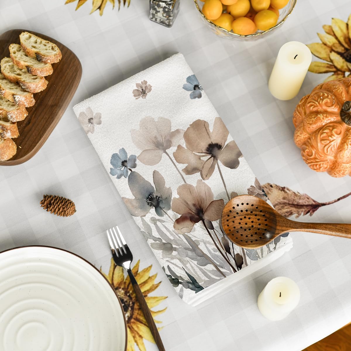 Brown Poppy Floral Leaves Spring Kitchen Towels Dish Towels, 18x26 Inch Seasonal Summer Decoration Hand Towels Set of 2
