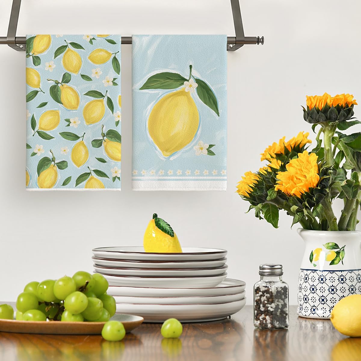 Lemon Flower Summer Kitchen Towels Dish Towels, 18x26 Inch Seasonal Summer Decoration Hand Towels Set of 2