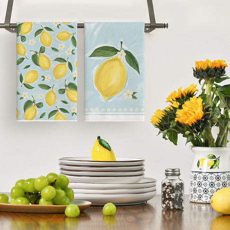 Lemon Flower Summer Kitchen Towels Dish Towels, 18x26 Inch Seasonal Summer Decoration Hand Towels Set of 2
