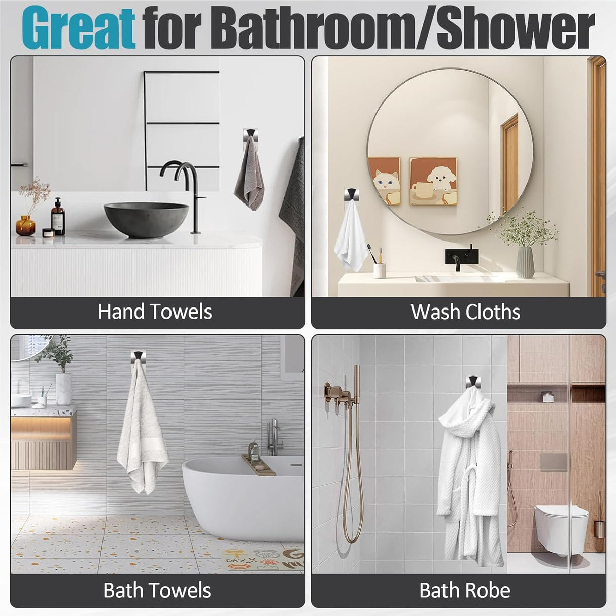 3 Pack Stainless Steel Kitchen Towel Hooks for Shower Wall Bathroom Self Adhesive Dish Towel Holder Hangers for Tea Cabinet Door Rag Grabber (Silver)