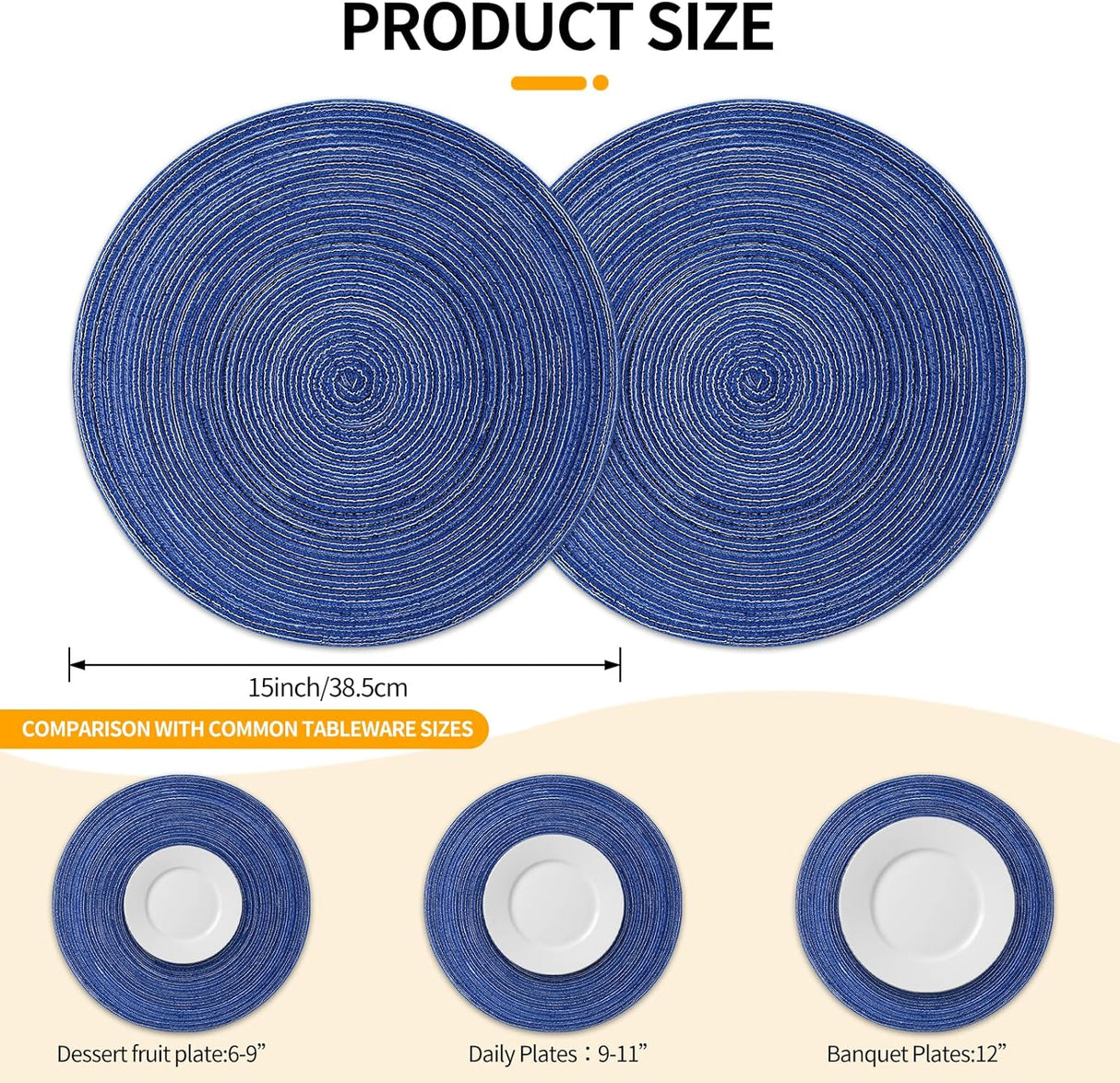 Round Braided Placemats 15inch, Placemats Set of 4 Non-Slip, Round Placemats Heat Resistant, Woven Placemats for Kitchen Dining Tables-Dark Blue Color