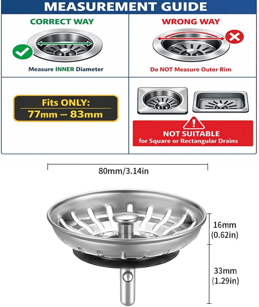 [2 Pack]  Kitchen Sink Strainer - Sink Drain Stopper - Kitchen Sink Plug with Anti-Clogging Basket - Bouchon Evier Cuisine - Compatible with 79–83mm Inner Diameter