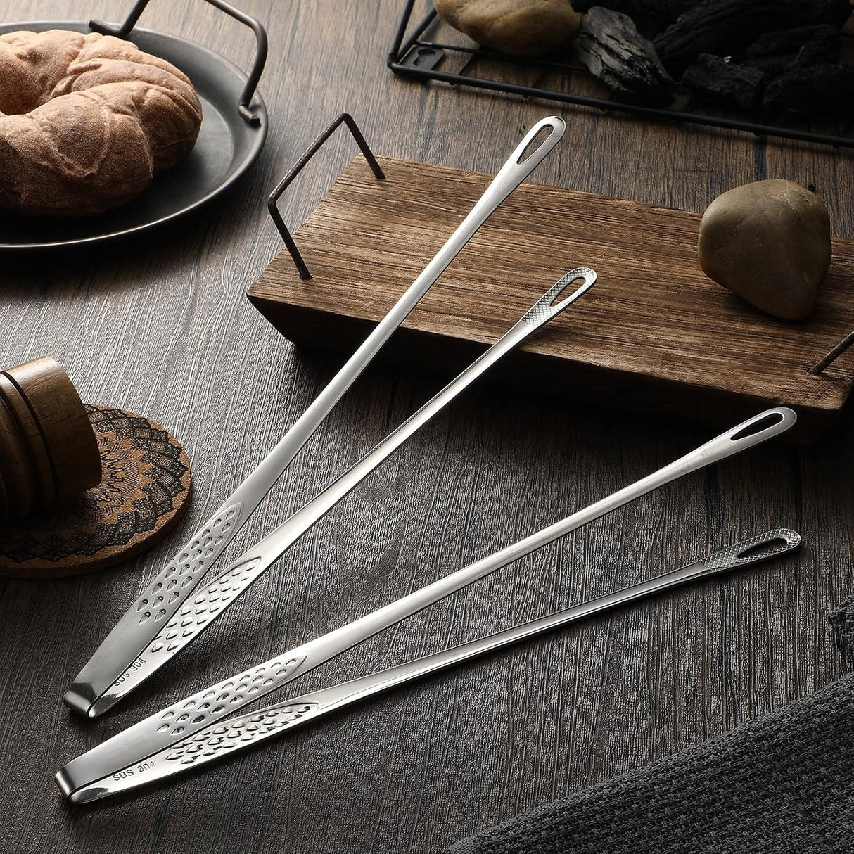 3 Pcs 11 Inches Kitchen Tongs Korean BBQ Tweezers for Cooking Stainless Steel Kitchen Tweezers Grill Food Yakiniku Cooking Clamp Tool for Salad, Fish, Steak, Barbecue, Buffet, Meat