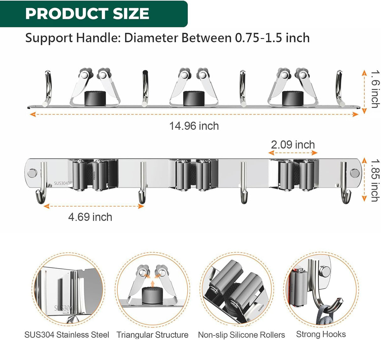Mop and Broom Holder Wall Mount, Upgraded Broom Organizer Wall Mount, Stainless Steel Broom Hanger Wall Mount for Home Kitchen Garden Laundry Garage (3 Racks with 4 Hooks)
