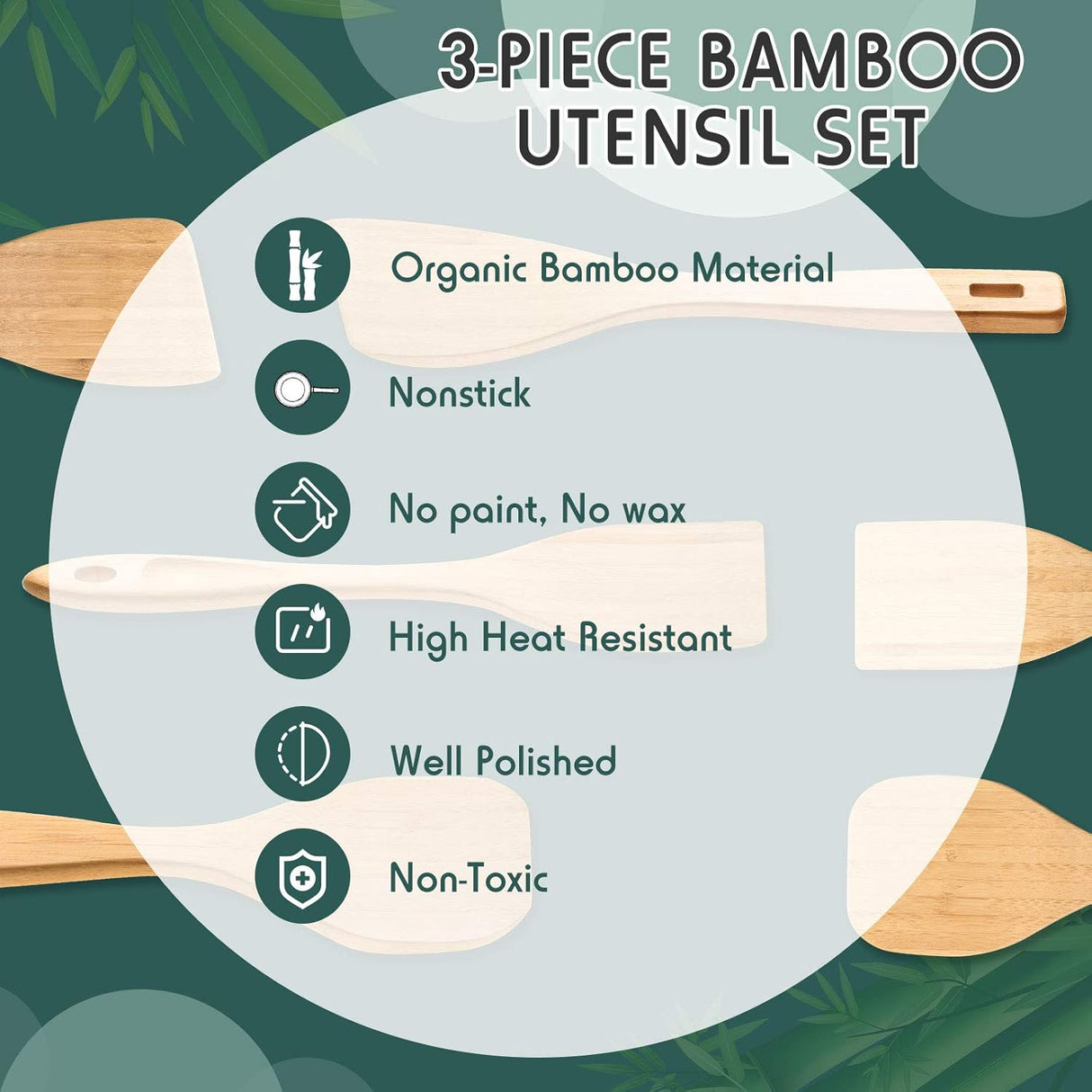 3 Pieces Bamboo Cooking Spatula and Paddle Set Bamboo Turner Wok Spatula Spoon Heat Resistant Kitchen Utensil for Nonstick Cookware, 3 Styles