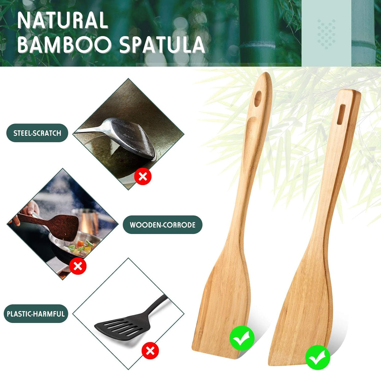3 Pieces Bamboo Cooking Spatula and Paddle Set Bamboo Turner Wok Spatula Spoon Heat Resistant Kitchen Utensil for Nonstick Cookware, 3 Styles
