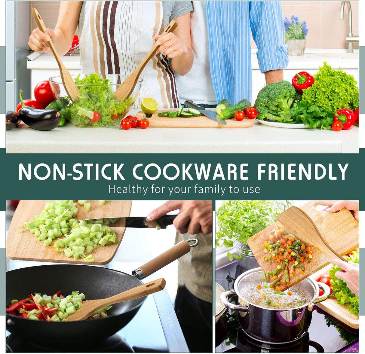 3 Pieces Bamboo Cooking Spatula and Paddle Set Bamboo Turner Wok Spatula Spoon Heat Resistant Kitchen Utensil for Nonstick Cookware, 3 Styles