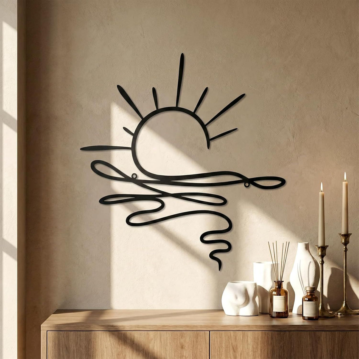 Sun Metal Wall Art Abstract Sunrise Sunset Sign Minimalist Black Line Wall Art Decor Sea Wave Modern Hanging Decor for Living Room Kitchen Bedroom Outdoor Housewarming Gifts 29 cm/11.4 Inch height