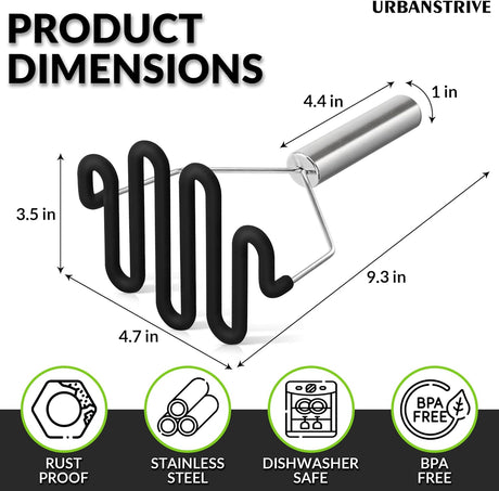 Non-Scratch Silicone Potato Masher Kitchen Tool, Potatoes Masher Potato Masher Stainless Steel Wrapped In Premium Silicone, Potato Smasher (Black)