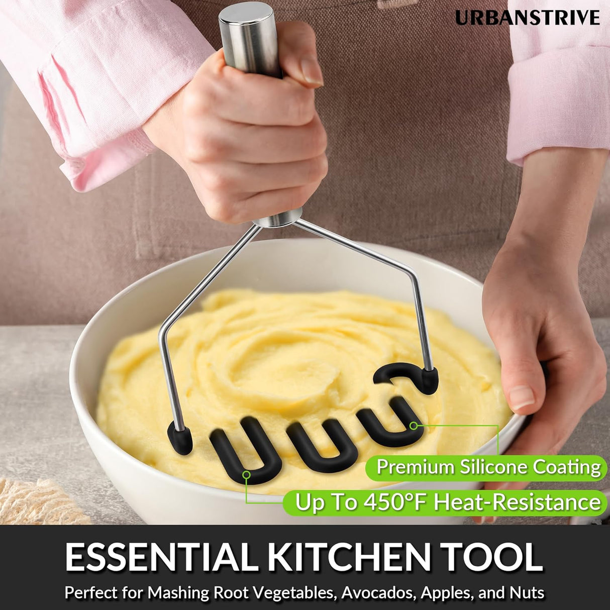 Non-Scratch Silicone Potato Masher Kitchen Tool, Potatoes Masher Potato Masher Stainless Steel Wrapped In Premium Silicone, Potato Smasher (Black)