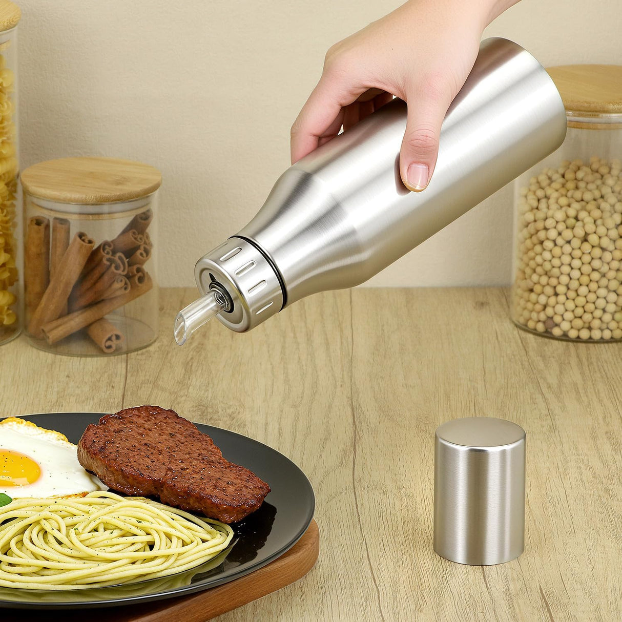 304 Stainless Steel Olive Oil Dispenser Bottle, 25oz Oil Decanter with Easy Pour Spout, Anti-Drip Design, 750ml Oil Cruet for Kitchen Cooking & Salad Dressing, 2.9W x 10.2H