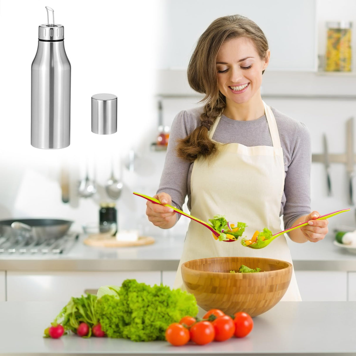 304 Stainless Steel Olive Oil Dispenser Bottle, 25oz Oil Decanter with Easy Pour Spout, Anti-Drip Design, 750ml Oil Cruet for Kitchen Cooking & Salad Dressing, 2.9W x 10.2H