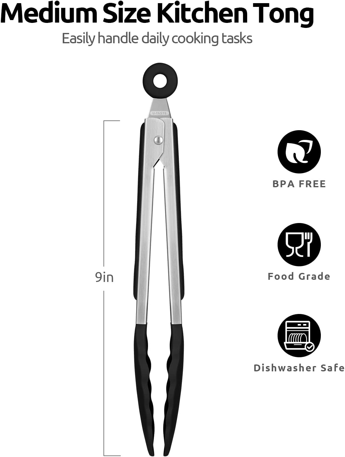 600ºF Heat Resistant Kitchen Tongs:  9 inch Silicone Cooking Tong with Firm Sealed Non Stick Rubber Tips & Silicon Coated 18/8 Stainless Steel Handle & Smooth Locking for Serving Salad (Black)