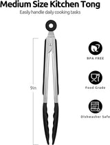 600ºF Heat Resistant Kitchen Tongs:  9 inch Silicone Cooking Tong with Firm Sealed Non Stick Rubber Tips & Silicon Coated 18/8 Stainless Steel Handle & Smooth Locking for Serving Salad (Black)
