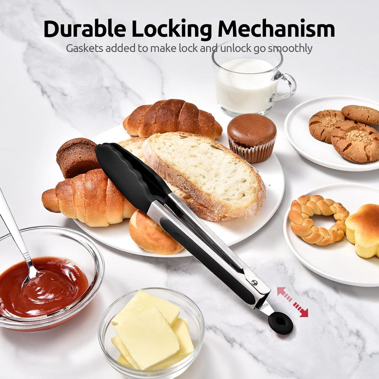 600ºF Heat Resistant Kitchen Tongs:  9 inch Silicone Cooking Tong with Firm Sealed Non Stick Rubber Tips & Silicon Coated 18/8 Stainless Steel Handle & Smooth Locking for Serving Salad (Black)