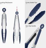 480ºF Heat Proof Kitchen Tong:  7" Silicone Cooking Tong with Firm Sealed Non Stick Rubber Tips & Silicon Coated 18/8 Stainless Steel Handle & Smooth Locking for Serving Salad (Midnight Blue)
