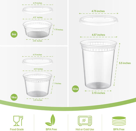 24 Sets Plastic Deli Food Containers With Lids, 8 oz 16oz 32oz Variety pack, Airtight Food Storage Containers, Freezer/Dishwasher/Microwave Safe, Soup Containers For Takeout Food Storage