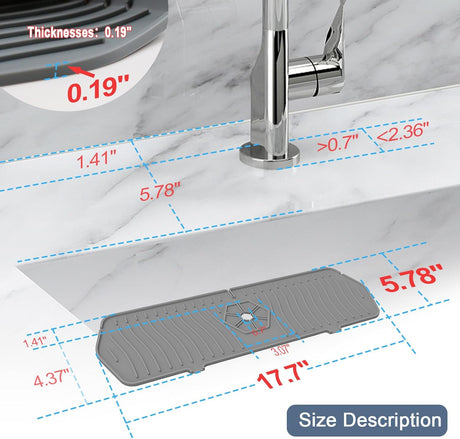 Sink Drain Mat Behind Faucet,Faucet Guard Draining Mat, 90° Foldable Tap Draining Mat for Kitchen Sink with 2 Water Ports, Faucet Drain Mats for Kitchen, Bathroom, etc (Gray, 17.7"*5.78")