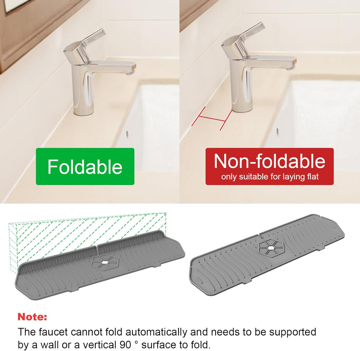 Sink Drain Mat Behind Faucet,Faucet Guard Draining Mat, 90° Foldable Tap Draining Mat for Kitchen Sink with 2 Water Ports, Faucet Drain Mats for Kitchen, Bathroom, etc (Gray, 17.7"*5.78")