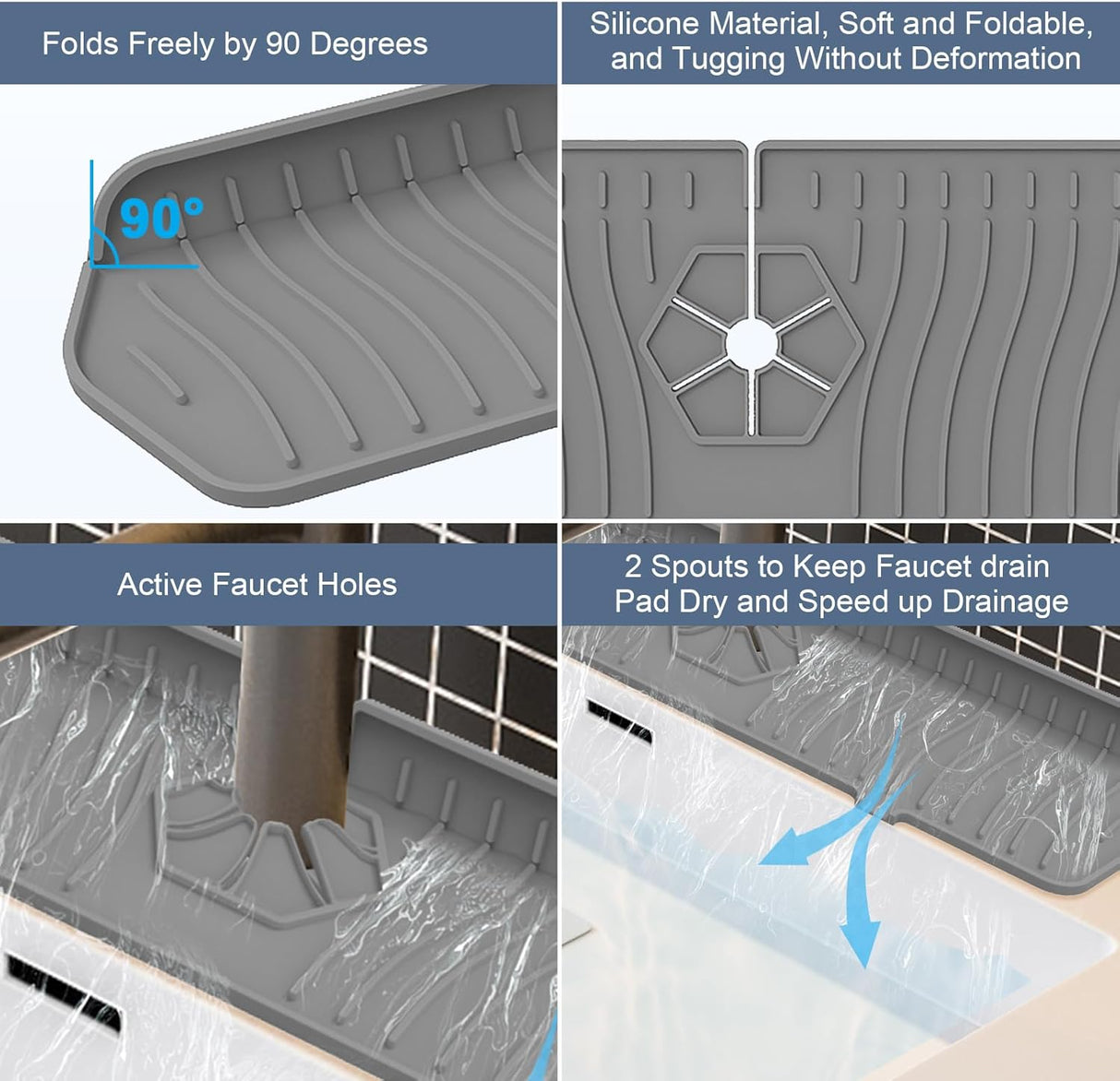 Sink Drain Mat Behind Faucet,Faucet Guard Draining Mat, 90° Foldable Tap Draining Mat for Kitchen Sink with 2 Water Ports, Faucet Drain Mats for Kitchen, Bathroom, etc (Gray, 17.7"*5.78")