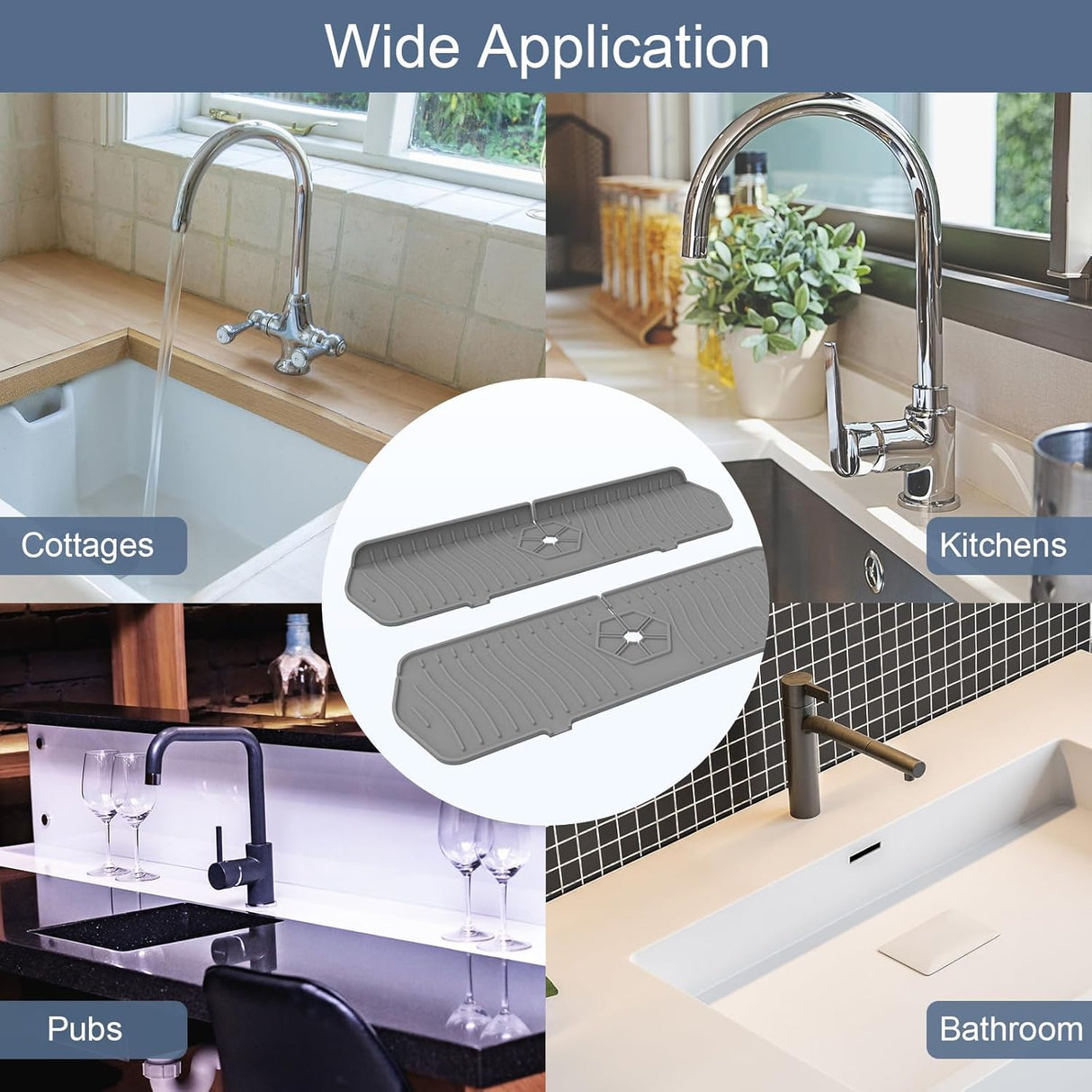 Sink Drain Mat Behind Faucet,Faucet Guard Draining Mat, 90° Foldable Tap Draining Mat for Kitchen Sink with 2 Water Ports, Faucet Drain Mats for Kitchen, Bathroom, etc (Gray, 17.7"*5.78")