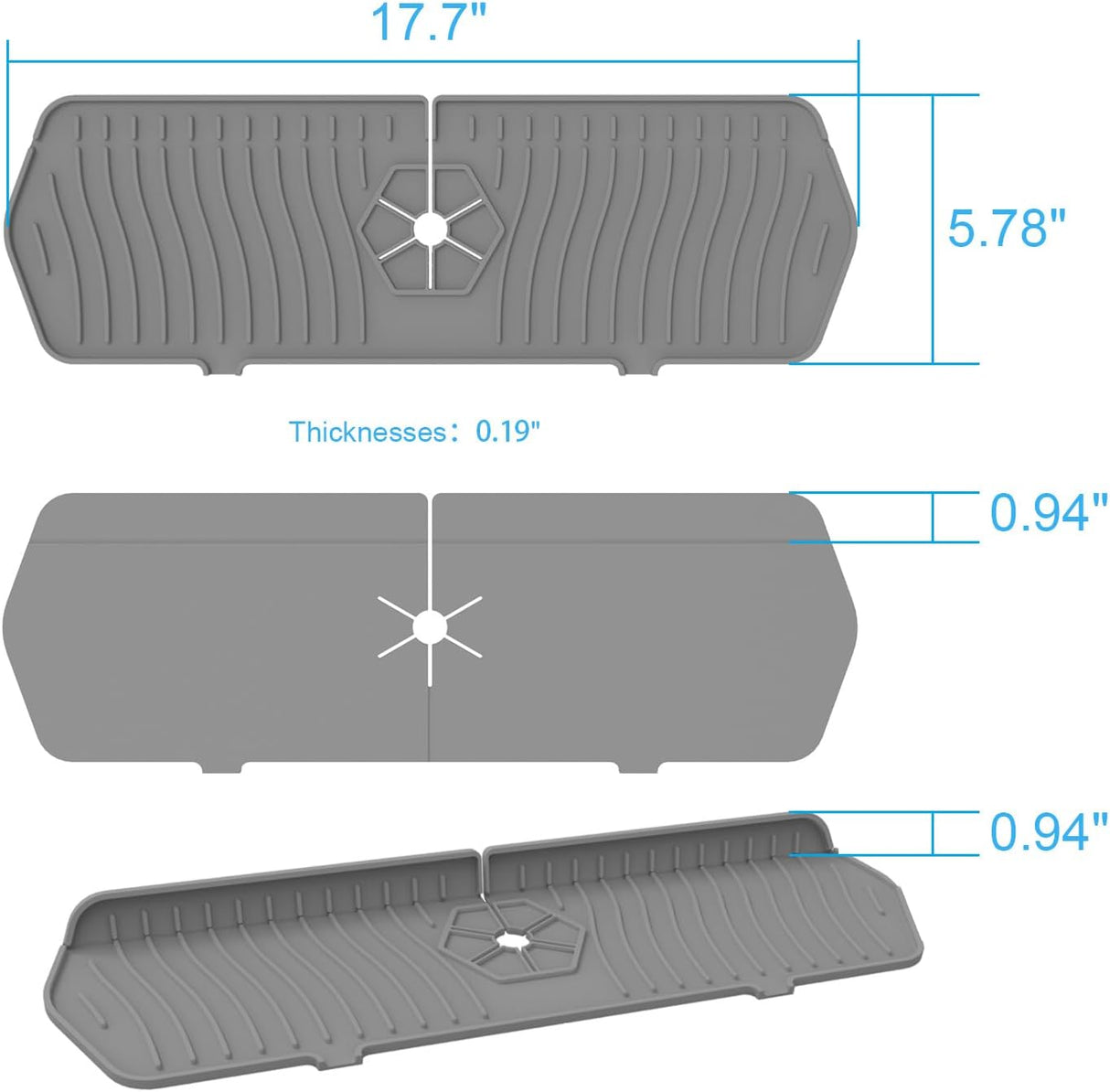 Sink Drain Mat Behind Faucet,Faucet Guard Draining Mat, 90° Foldable Tap Draining Mat for Kitchen Sink with 2 Water Ports, Faucet Drain Mats for Kitchen, Bathroom, etc (Gray, 17.7"*5.78")