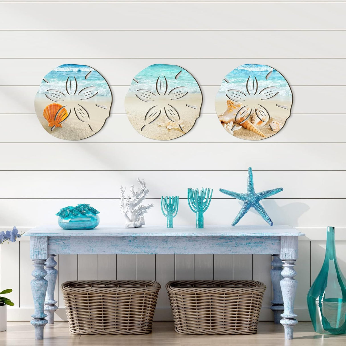 3 Pcs Summer Coastal Wall Decor Bathroom Beach Blue Wall Art Sea Turtle Surfboard Seahorse Starfish Seashell Conches Crabs Sea Life Decor for Bedroom Home (Sand Dollar Style)