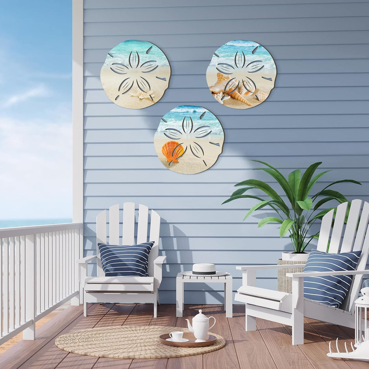 3 Pcs Summer Coastal Wall Decor Bathroom Beach Blue Wall Art Sea Turtle Surfboard Seahorse Starfish Seashell Conches Crabs Sea Life Decor for Bedroom Home (Sand Dollar Style)