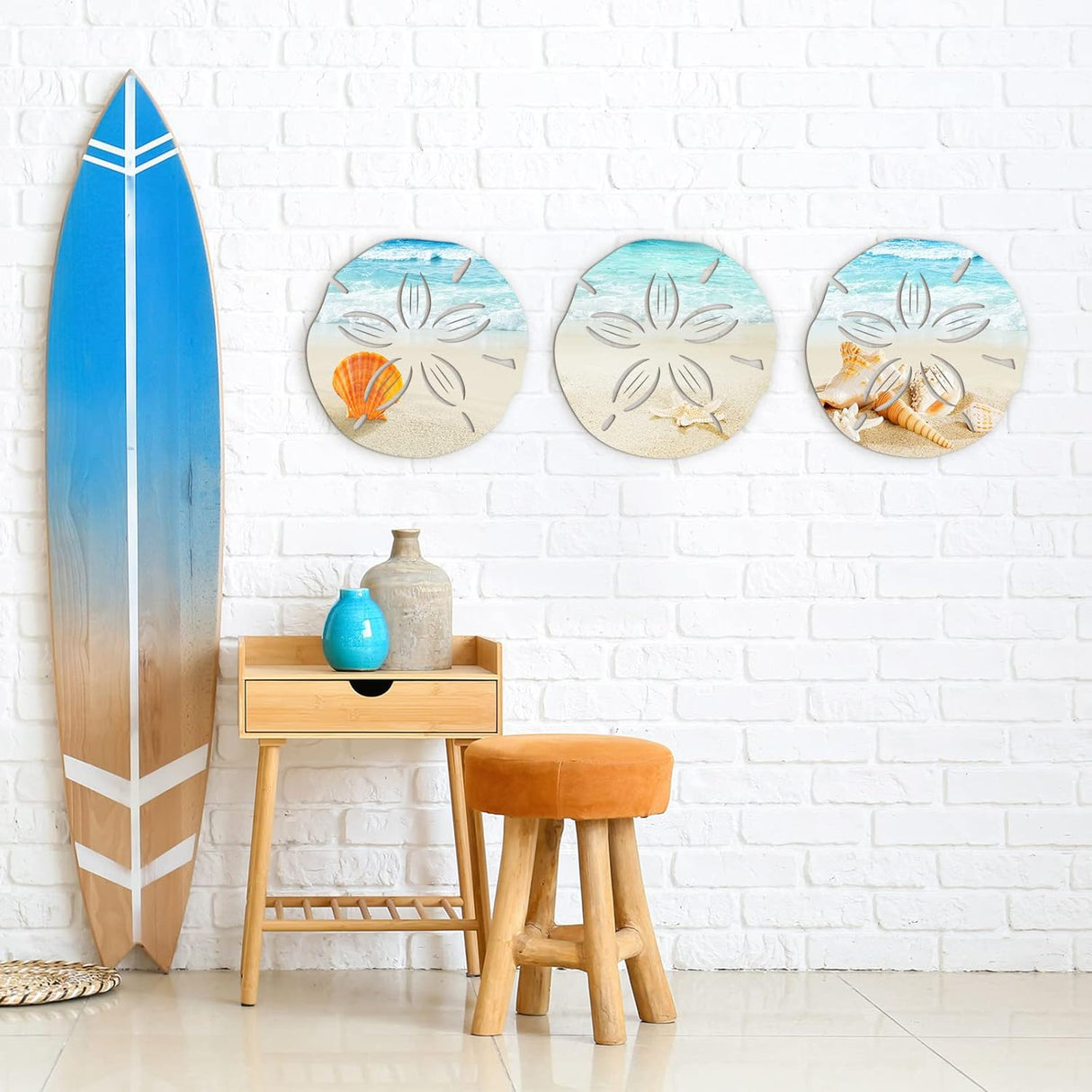 3 Pcs Summer Coastal Wall Decor Bathroom Beach Blue Wall Art Sea Turtle Surfboard Seahorse Starfish Seashell Conches Crabs Sea Life Decor for Bedroom Home (Sand Dollar Style)