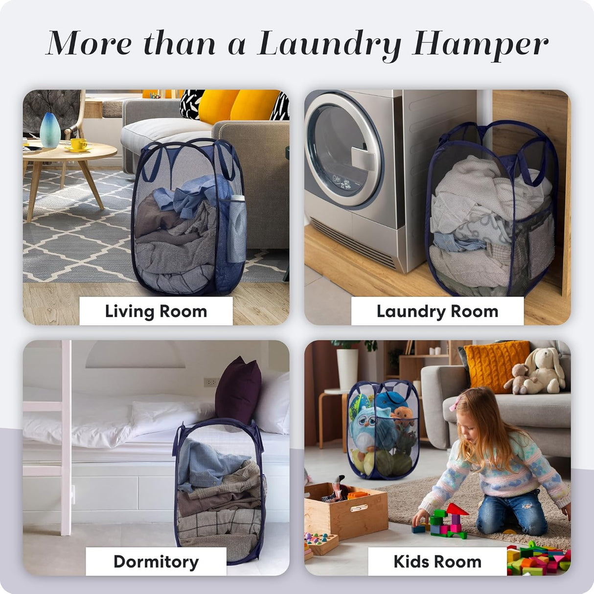 Collapsible Mesh Pop Up Laundry Hamper 2-Pack – Large Foldable Laundry Basket with Side Pocket, Breathable & Durable, Space-Saving for Clothes, Toys, Travel, Dorm, Bedroom, Blue