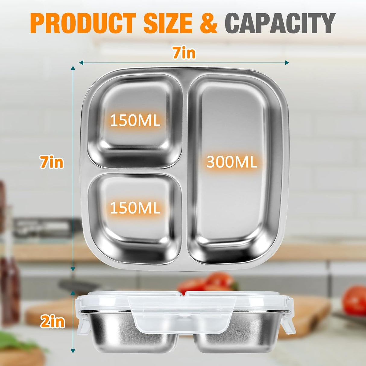 Stainless Steel Snack Containers With Lids, 3 Compartment Leak-proof Bento Box, 20 oz Reusable Grab and Go Food Storage Containers for School, Home, Office, and Camping, Dishwasher-Safe