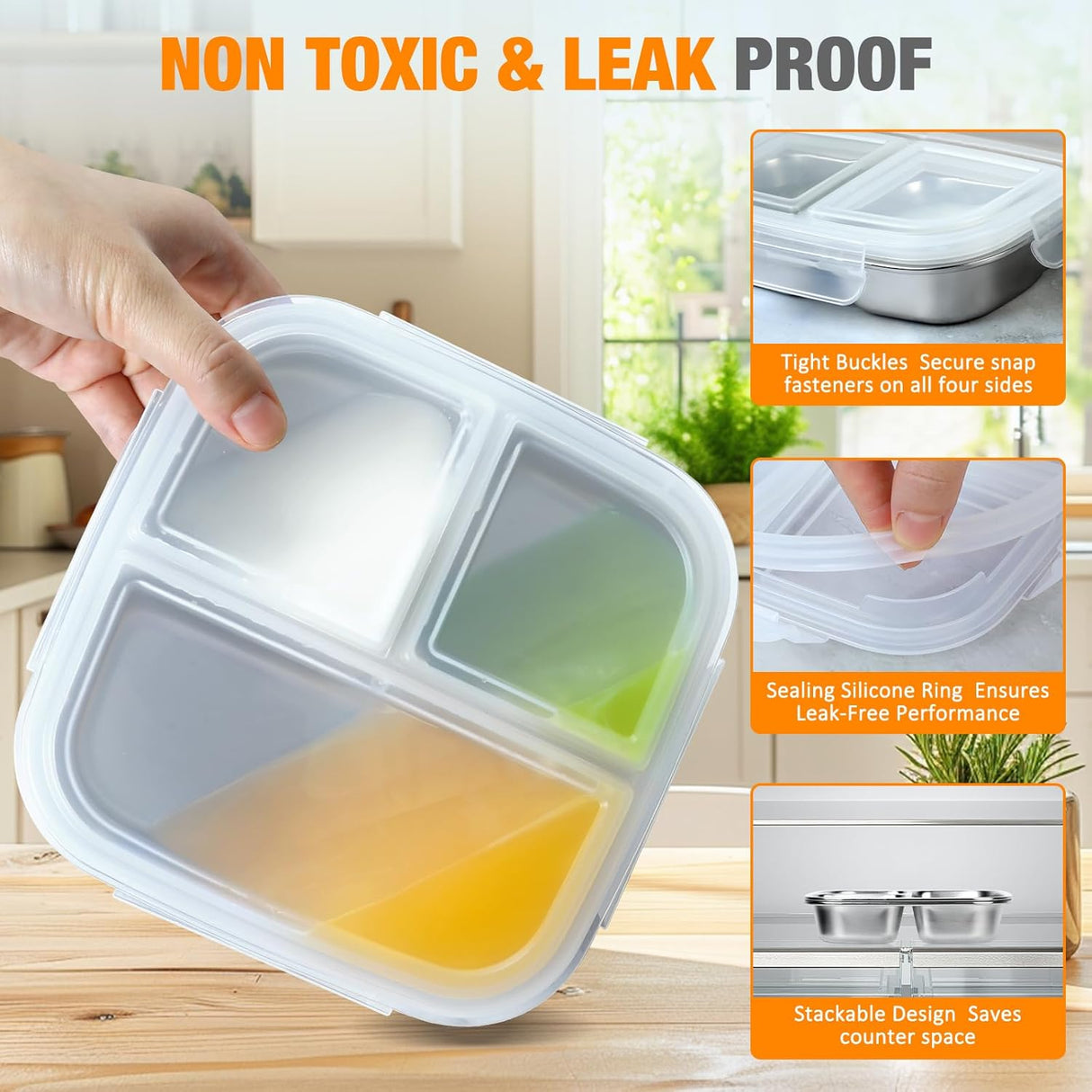 Stainless Steel Snack Containers With Lids, 3 Compartment Leak-proof Bento Box, 20 oz Reusable Grab and Go Food Storage Containers for School, Home, Office, and Camping, Dishwasher-Safe