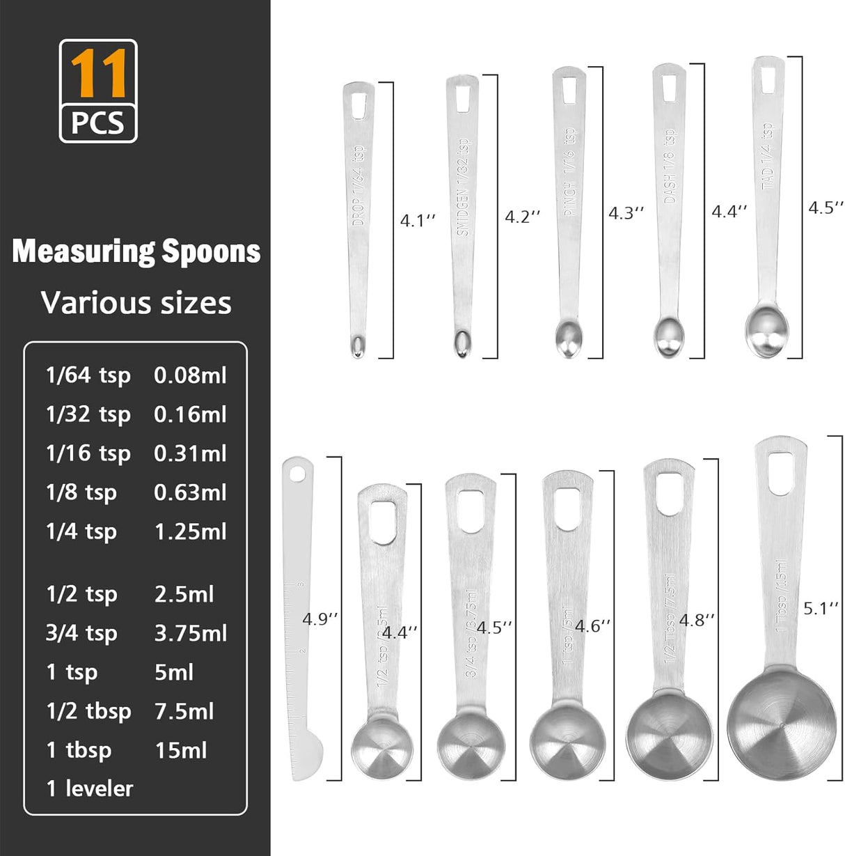 Stainless Steel Measuring Spoons Set with Leveler, 10 Pcs Mini Stackable Teaspoon & Tablespoon for Baking & Cooking, Kitchen Gadgets for Small Amount of Dry or Liquid Ingredients and Spices
