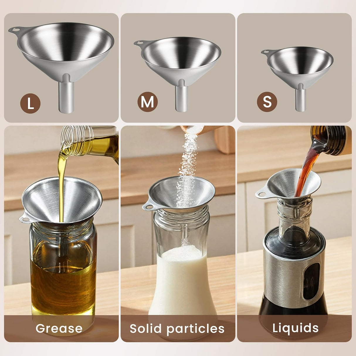 Kitchen Funnel, Stainless Steel Mini Funnel, Set of 3, Perfect for Transferring Liquids, Oils, Powders, Spices, with Round Ring and Cleaning Brush