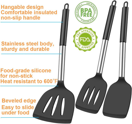 3Pcs Silicone Spatula Set Heat Resistant Spatulas for Nonstick Cookware Fish Turner Plastic Spatulas Rubber Wok Spatula, Long Large Spatula Silicone Cooking Use Kitchen Utensils Set