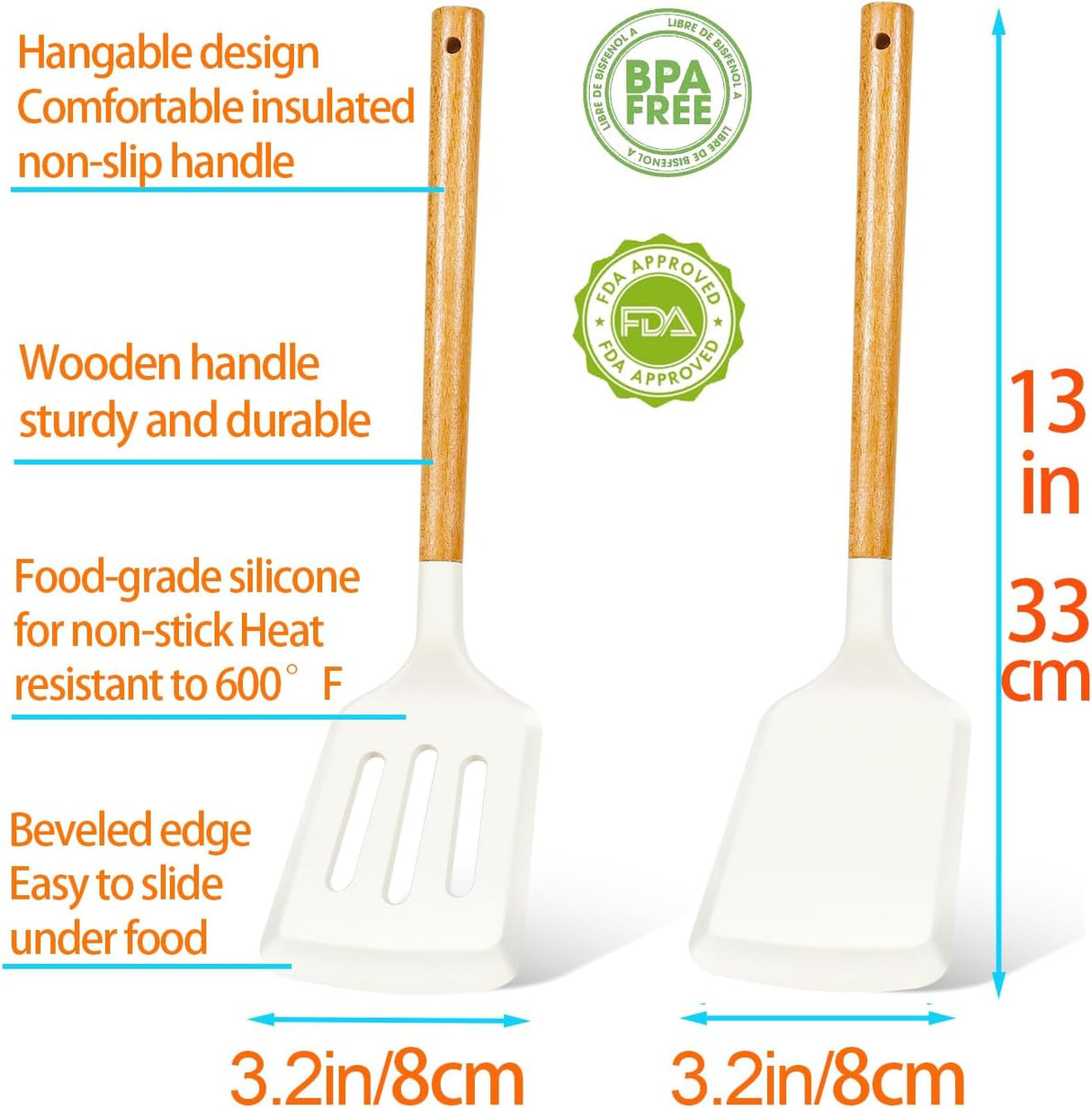 2Pcs Silicone Spatula Set Turner Heat Resistant for Nonstick Cookware Rubber Wok Turner with Wood Handle, Plastic Spatula Silicone for Cooking Use Kitchen Utensils Set White