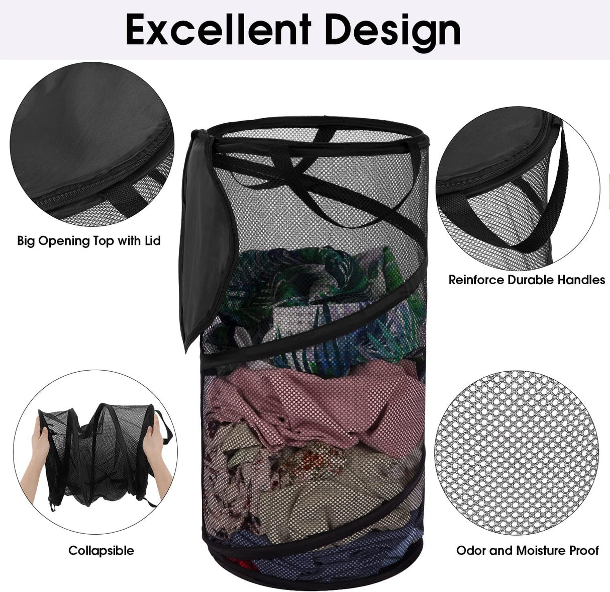 Large Collapsible Laundry Basket with Lid Foldable Mesh Pop Up Hamper with Handles for Laundry Room, Bathroom, Kids Room, College Dorm, Travel, Storage Organizer Black