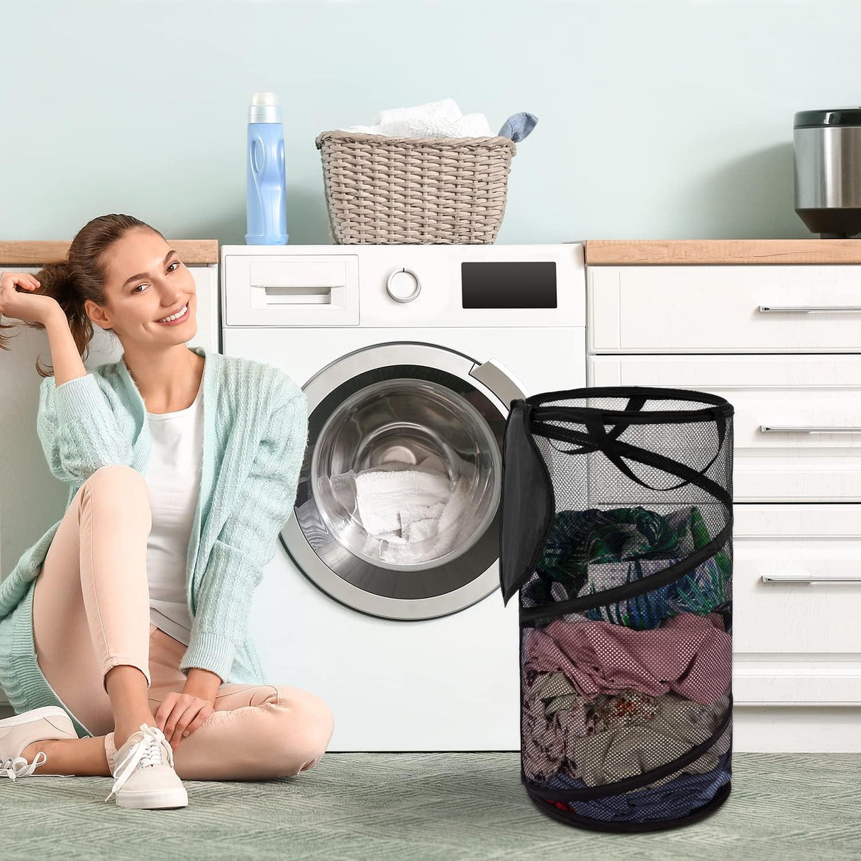 Large Collapsible Laundry Basket with Lid Foldable Mesh Pop Up Hamper with Handles for Laundry Room, Bathroom, Kids Room, College Dorm, Travel, Storage Organizer Black