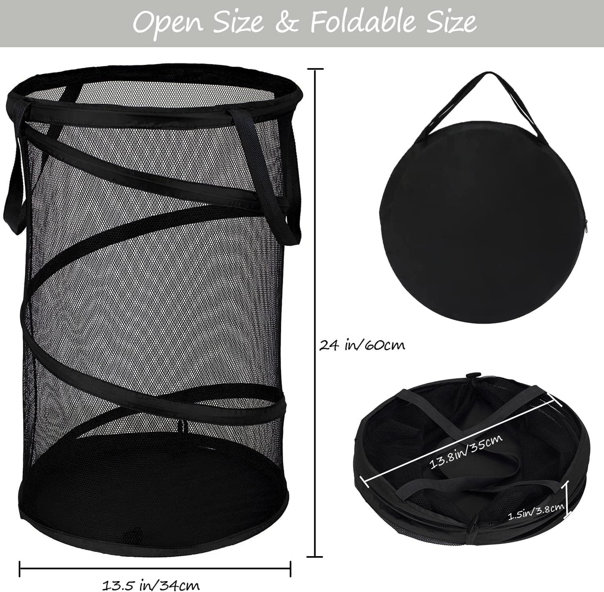 Collapsible Laundry Basket Foldable Mesh Pop Up Hamper with Handles for Laundry Room, Bathroom, Kids Room, College Dorm, Travel, Storage Organizer Black