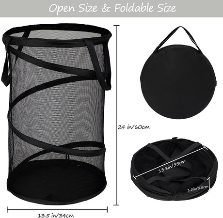 Collapsible Laundry Basket Foldable Mesh Pop Up Hamper with Handles for Laundry Room, Bathroom, Kids Room, College Dorm, Travel, Storage Organizer Black
