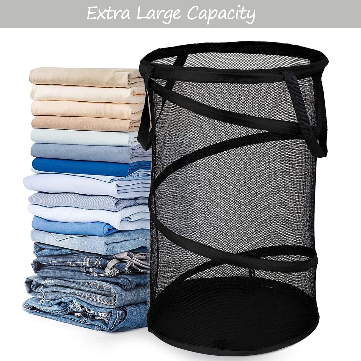 Collapsible Laundry Basket Foldable Mesh Pop Up Hamper with Handles for Laundry Room, Bathroom, Kids Room, College Dorm, Travel, Storage Organizer Black