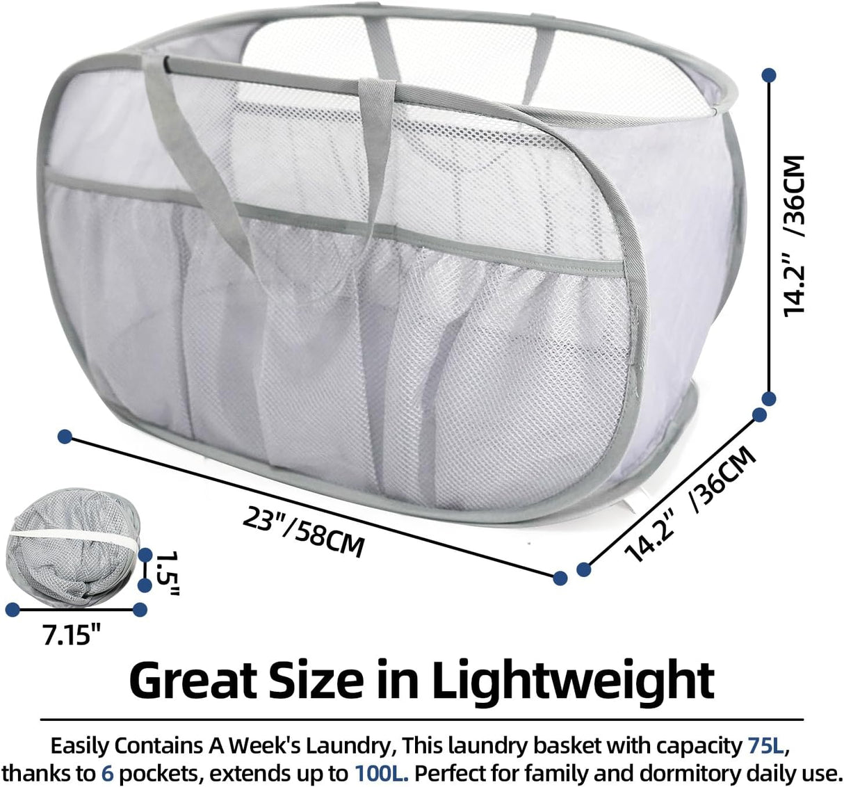 Collapsible Laundry Baskets, Upgrade Pop Up Laundry Hamper with Convenient Bags, Foldable Laundry Basket Mesh Light Weight, Easy to Carry Clothes Hampers for Laundry, Dorm, Toys, Travel Grey