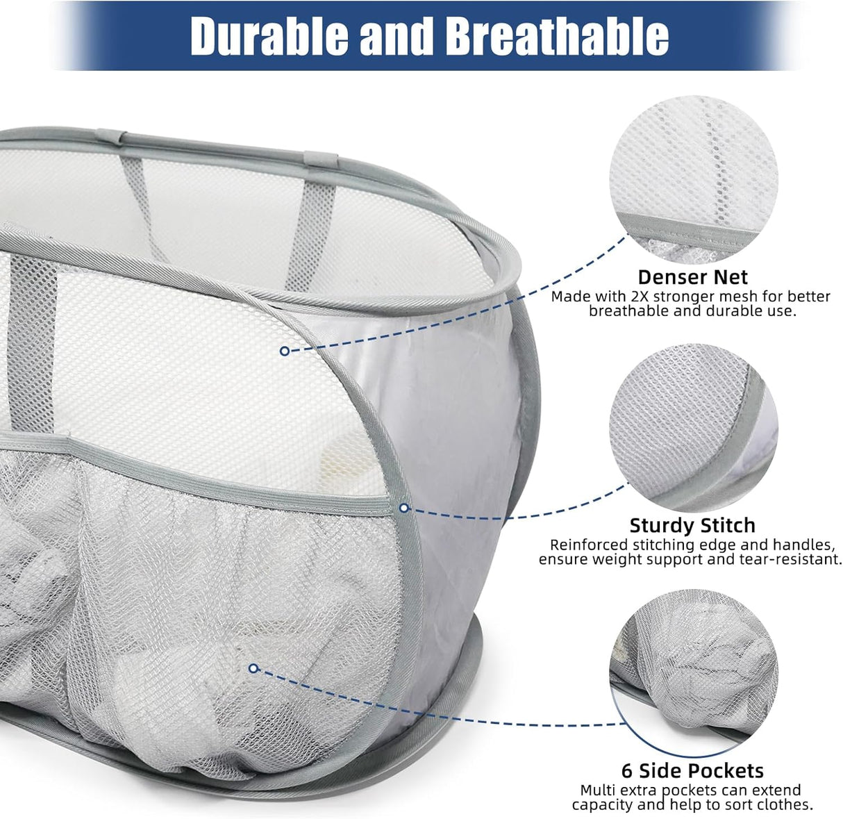 Collapsible Laundry Baskets, Upgrade Pop Up Laundry Hamper with Convenient Bags, Foldable Laundry Basket Mesh Light Weight, Easy to Carry Clothes Hampers for Laundry, Dorm, Toys, Travel Grey
