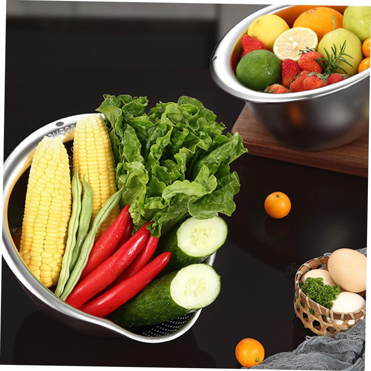 2-Piece Stainless Steel Rice Washing Strainer Set with Thickened Fine Mesh for Fruits Vegetables Easy to Clean Kitchen Colander