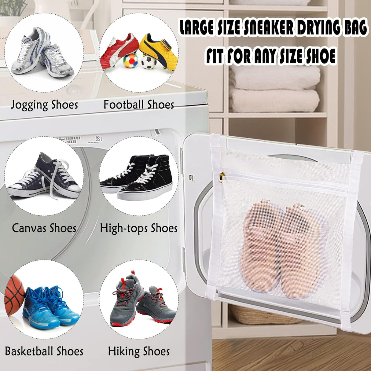 White Sports Shoe Washing and Drying Mesh Bag with Zipper and Straps - Durable Honeycomb Net Bag for Shoes Clothing Laundry - Reusable