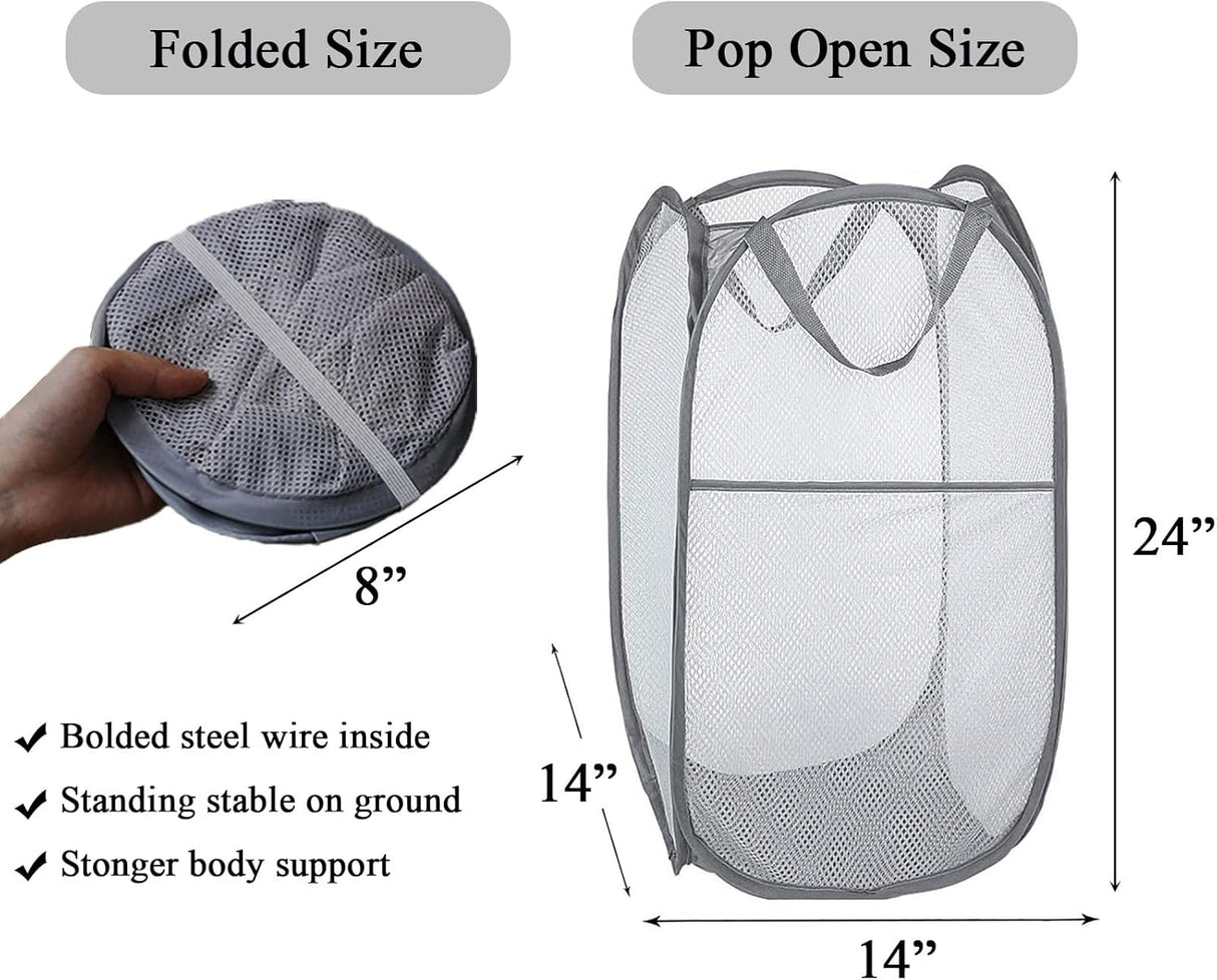 2 Pack Foldable Mesh Laundry Baskets with Reinforced Handles Grey Portable for Home Travel Student Use