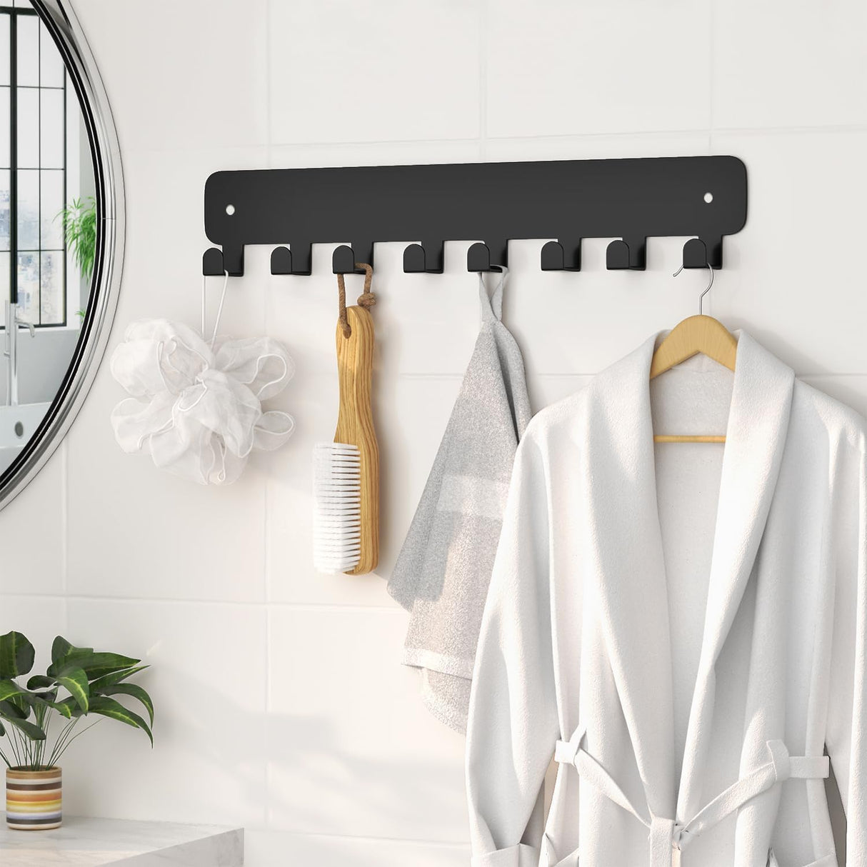 8 Hook Metal Key Rack Black Self-Adhesive or Screw Mount for Kitchen Office Hallway