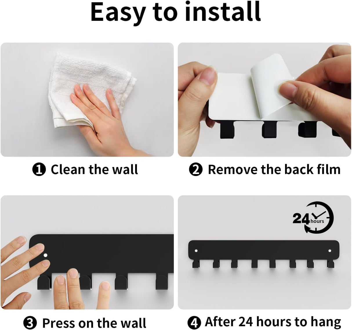 8 Hook Metal Key Rack Black Self-Adhesive or Screw Mount for Kitchen Office Hallway